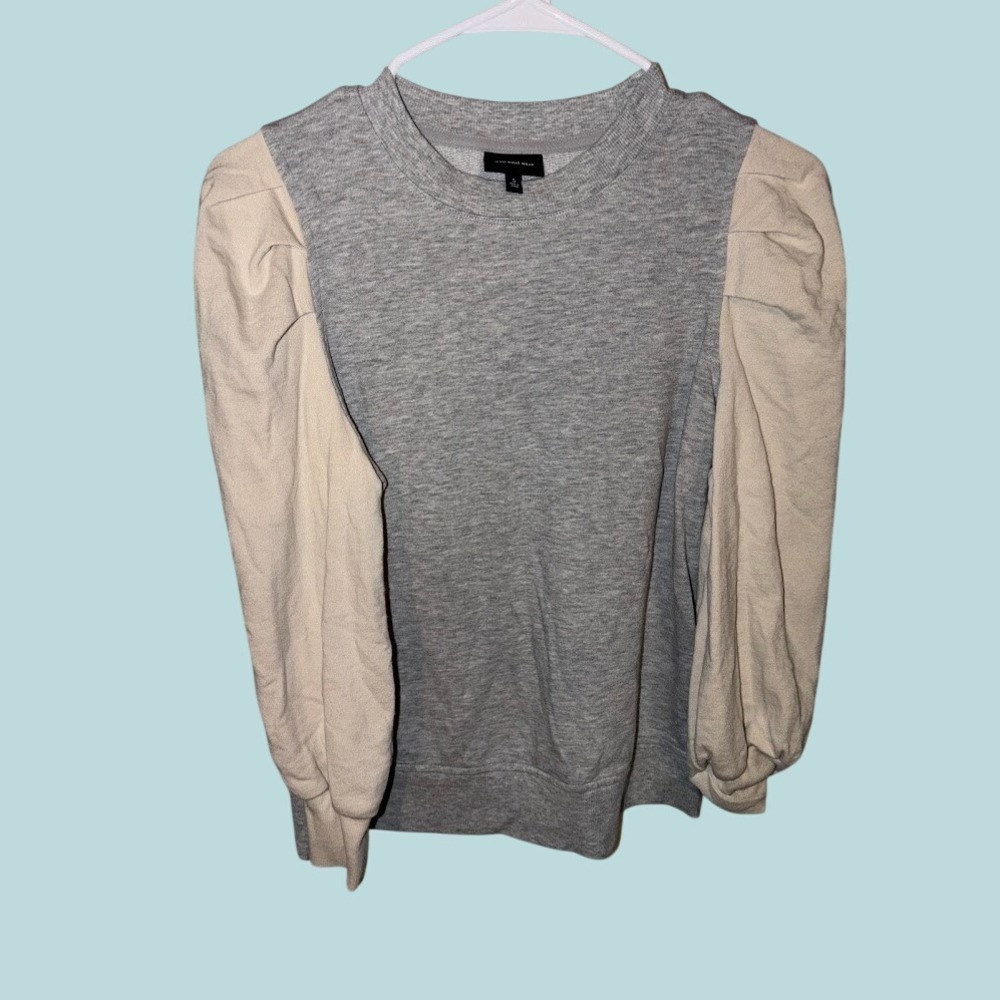 Who What Wear Womens Puff Sleeve Sweatshirt Gray Cream Mixed Media Crew Neck‎ S